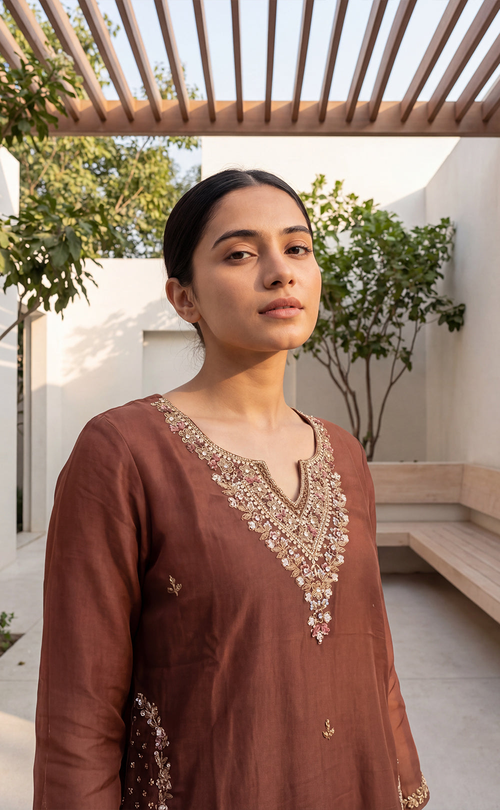 Marron Roman Silk Beats Net Work Kurti Set
