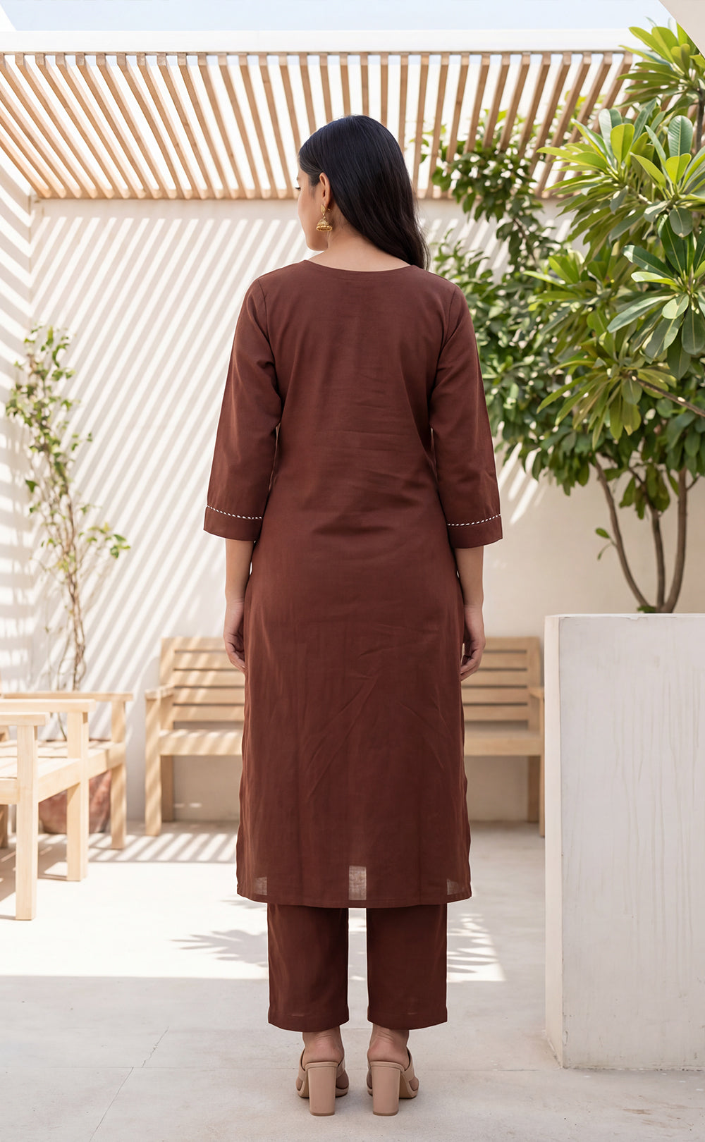 Marron Roman Silk Beats Net Work Kurti Set