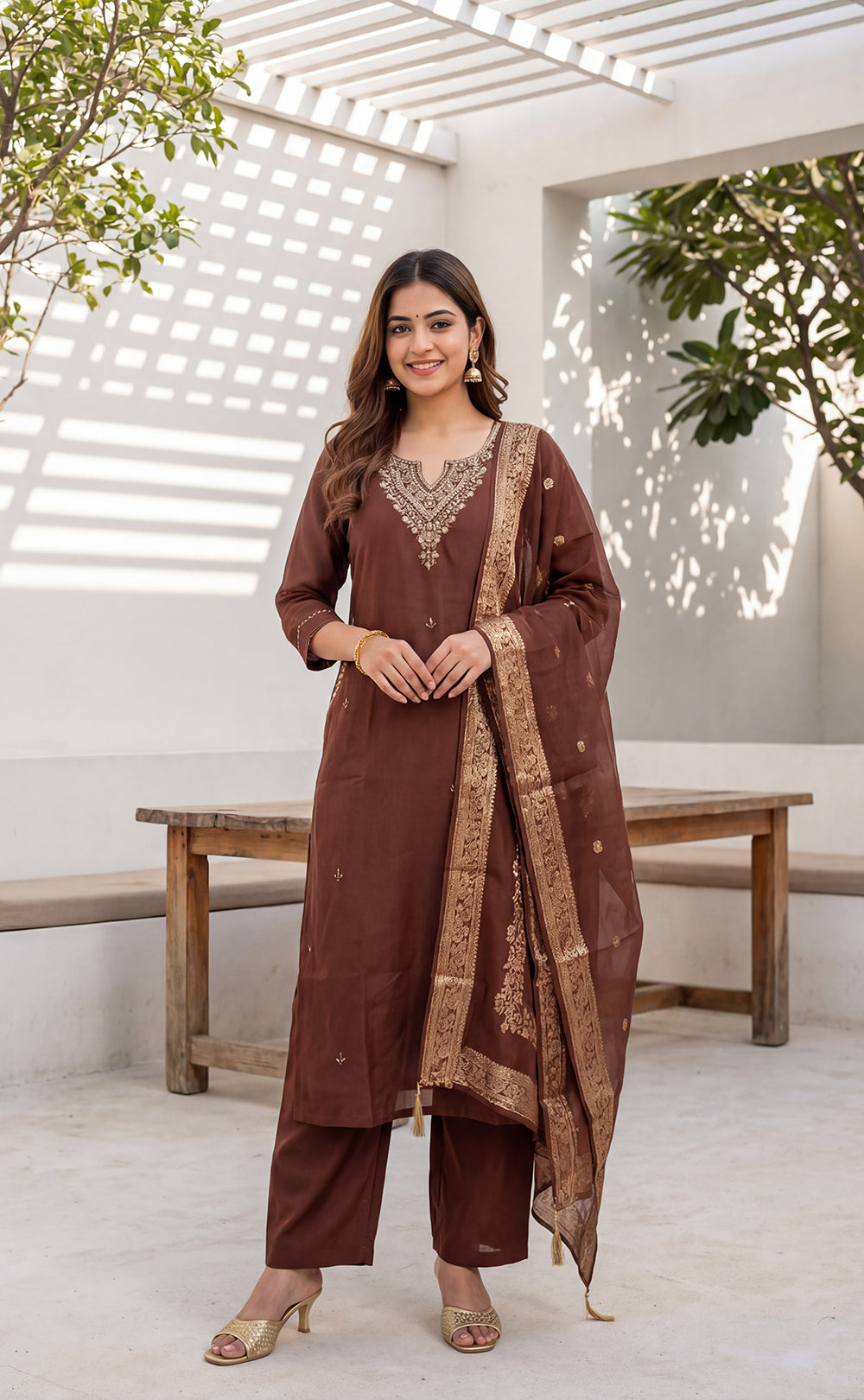 Marron Roman Silk Beats Net Work Kurti Set
