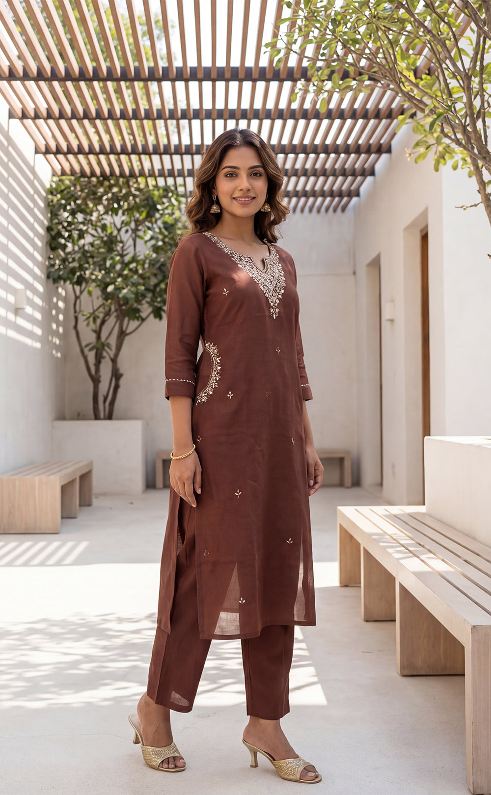 Marron Roman Silk Beats Net Work Kurti Set