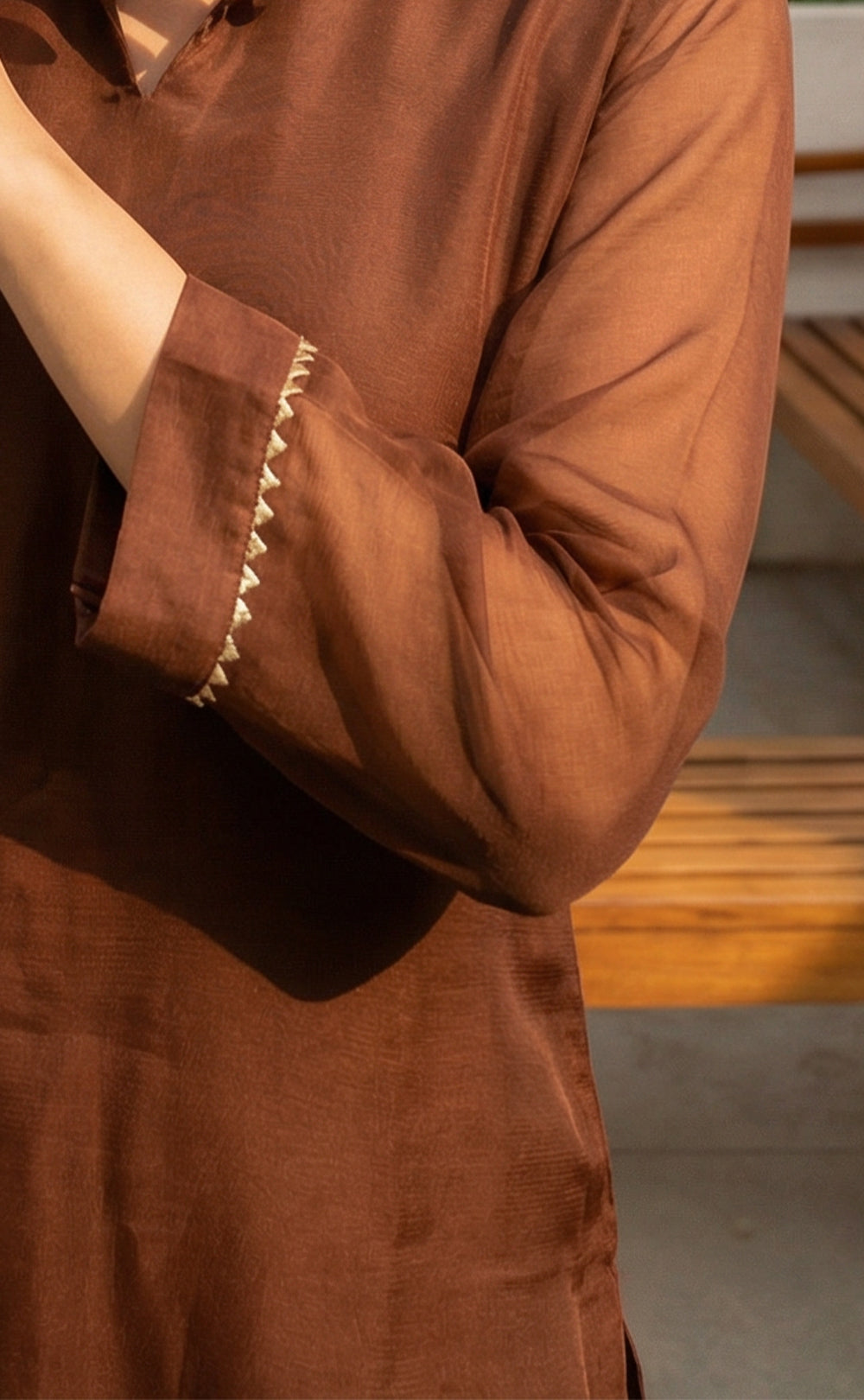 Marron Roman Silk Beats Net Work Kurti Set