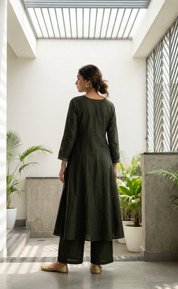 Forest Green Fancy Hand Embroidered Work Flared Kurti Set