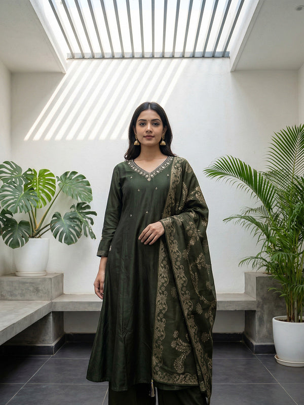 Forest Green Fancy Hand Embroidered Work Flared Kurti Set