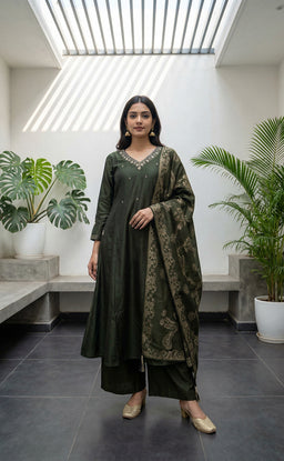 Forest Green Fancy Hand Embroidered Work Flared Kurti Set