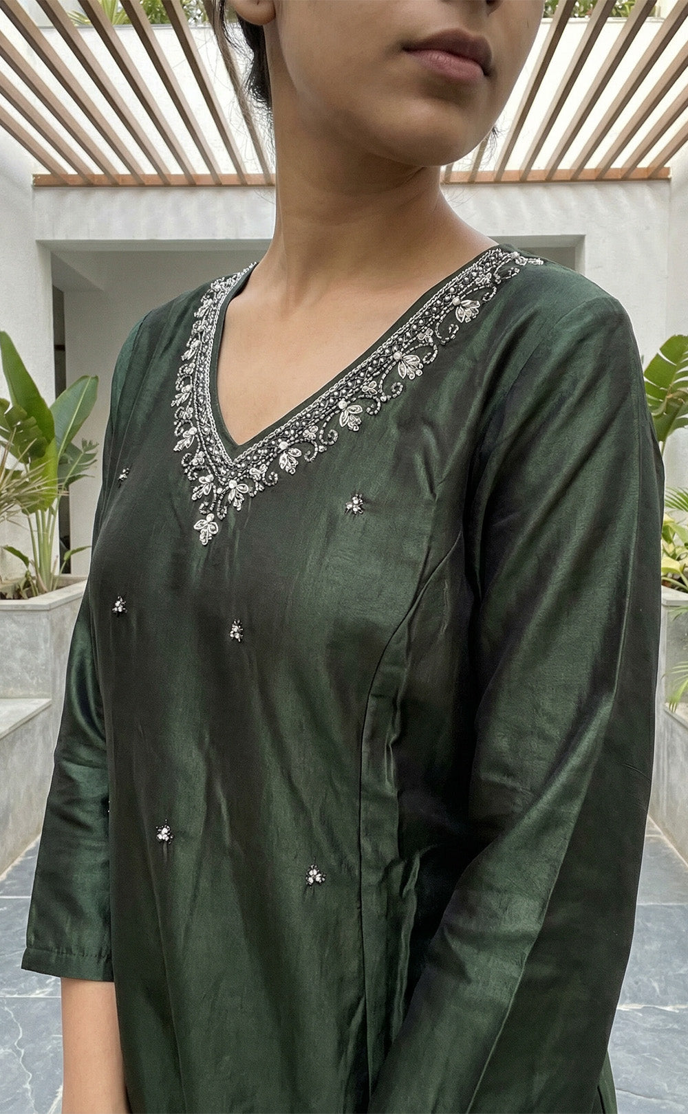 Forest Green Fancy Hand Embroidered Work Flair Kurti Set