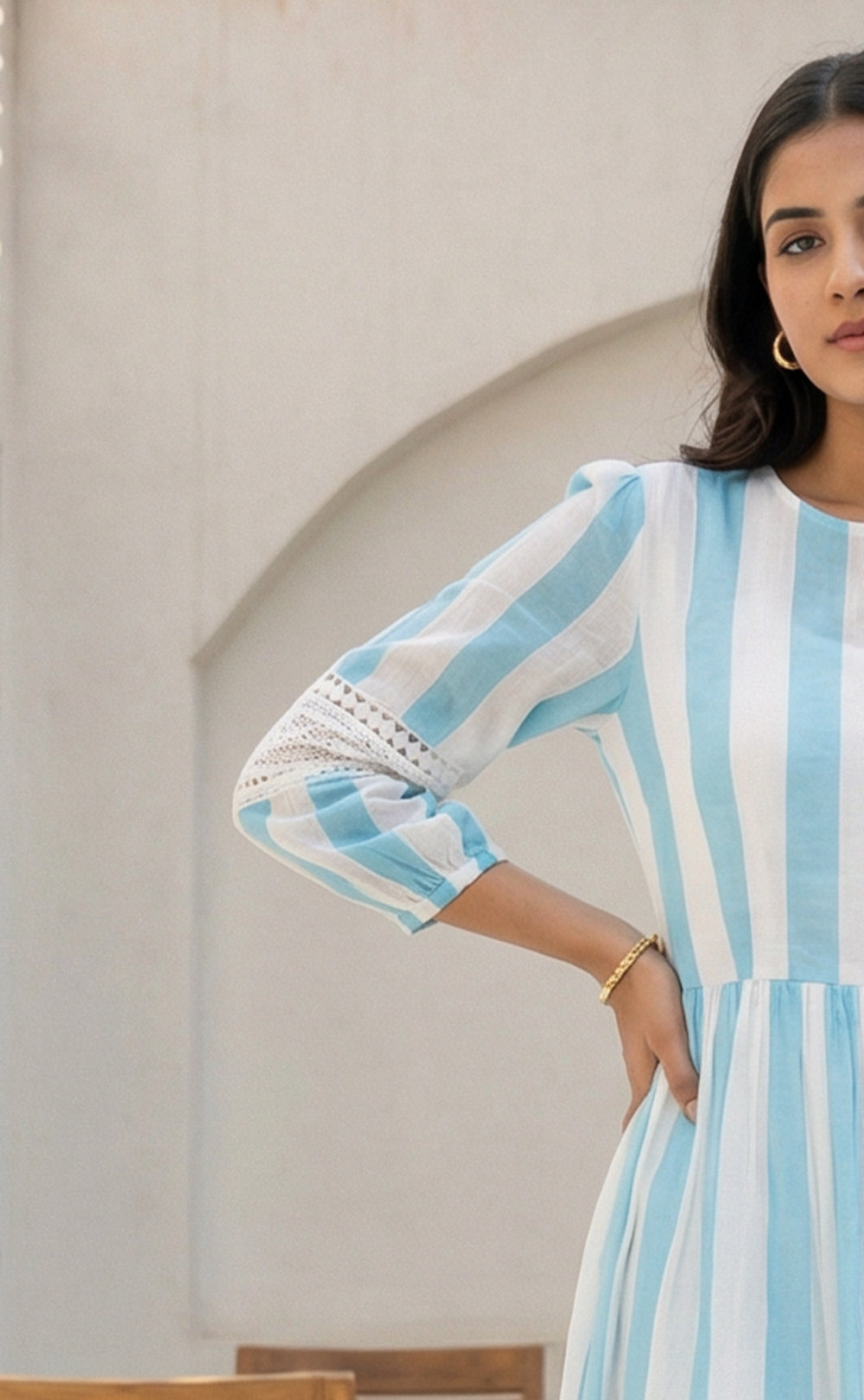 Sky Blue And Yellow Cotton Inner With Embroidery Patch Work With Coat Indo Western