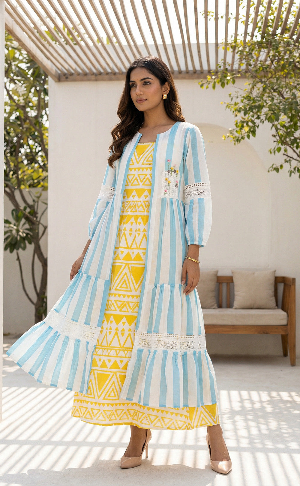 Sky Blue And Yellow Cotton Inner With Embroidery Patch Work With Coat Indo Western