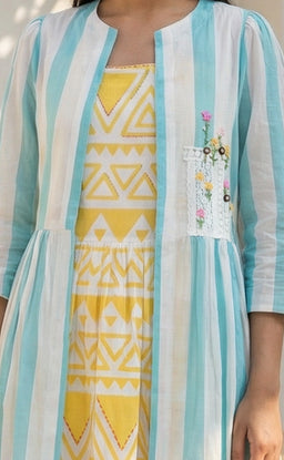Sky Blue And Yellow Cotton Inner With Embroidery Patch Work With Coat Indo Western