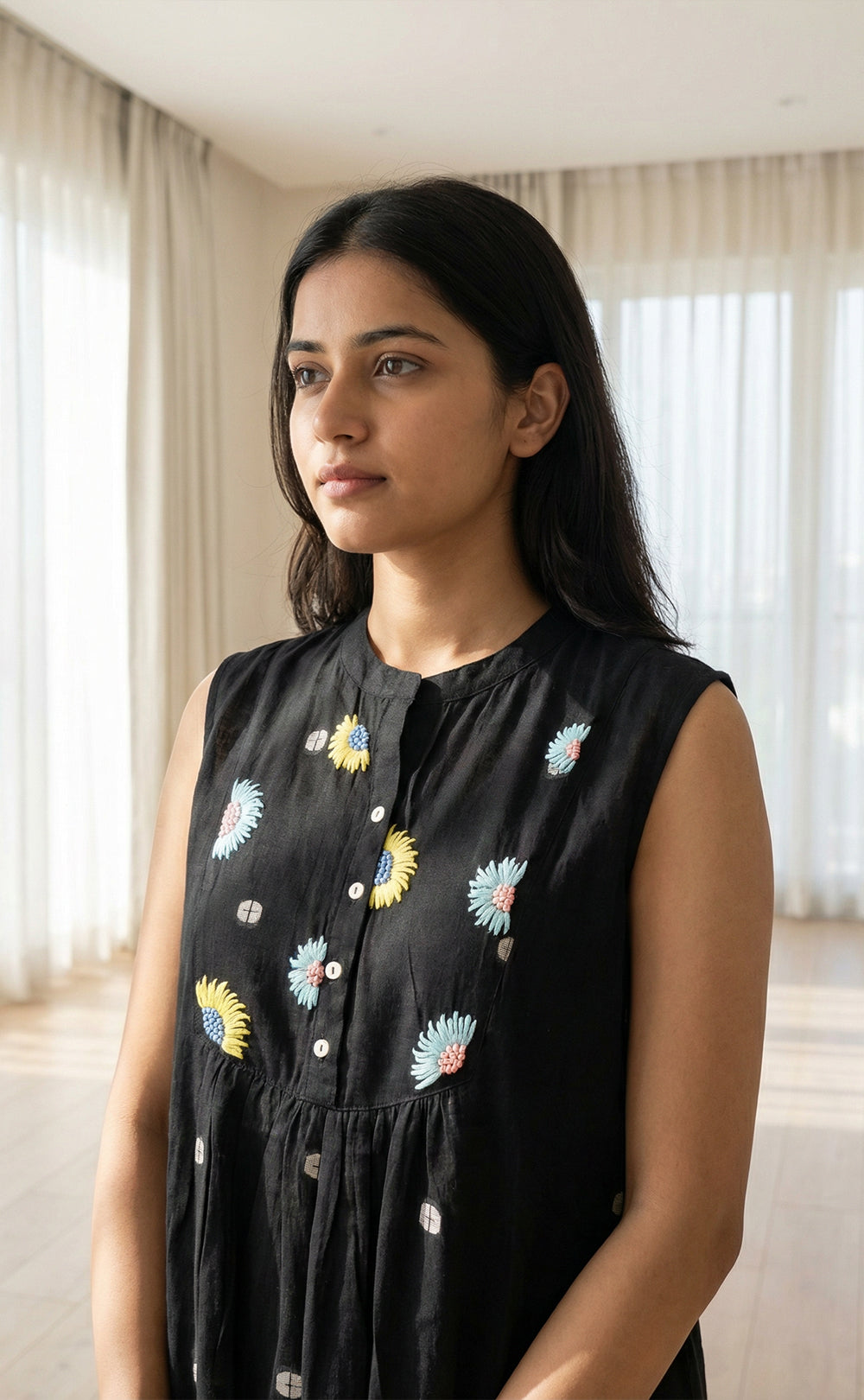 Black Cotton Semi Collar with Buttons Thread Work and All-over Ikkat Print Indo Western