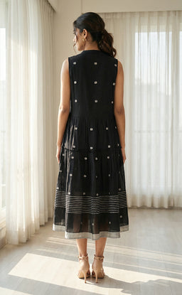 Black Cotton Semi Collar with Buttons Thread Work and All-over Ikkat Print Indo Western