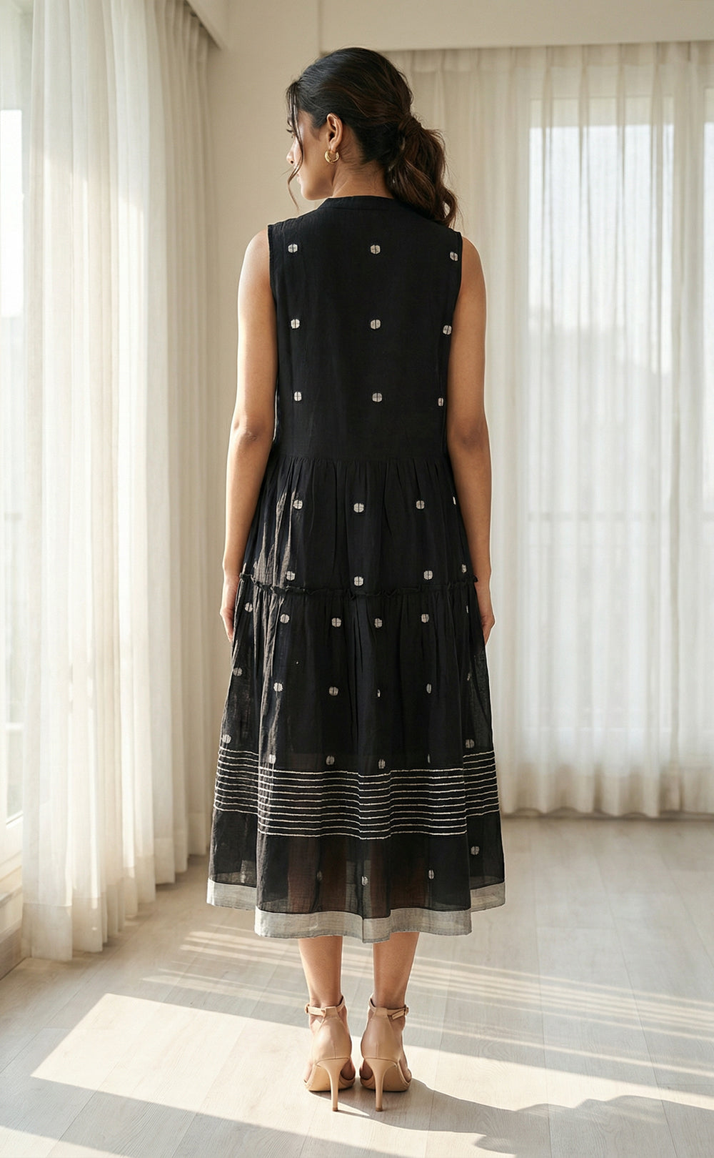 Black Cotton Semi Collar with Buttons Thread Work and All-over Ikkat Print Indo Western