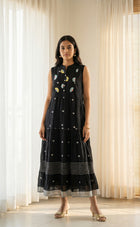 Black Cotton Semi Collar With Buttons Thread Work And All-Over Ikkat Print Indo Western