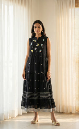 Black Cotton Semi Collar with Buttons Thread Work and All-over Ikkat Print Indo Western