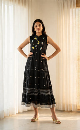 Black Cotton Semi Collar with Buttons Thread Work and All-over Ikkat Print Indo Western
