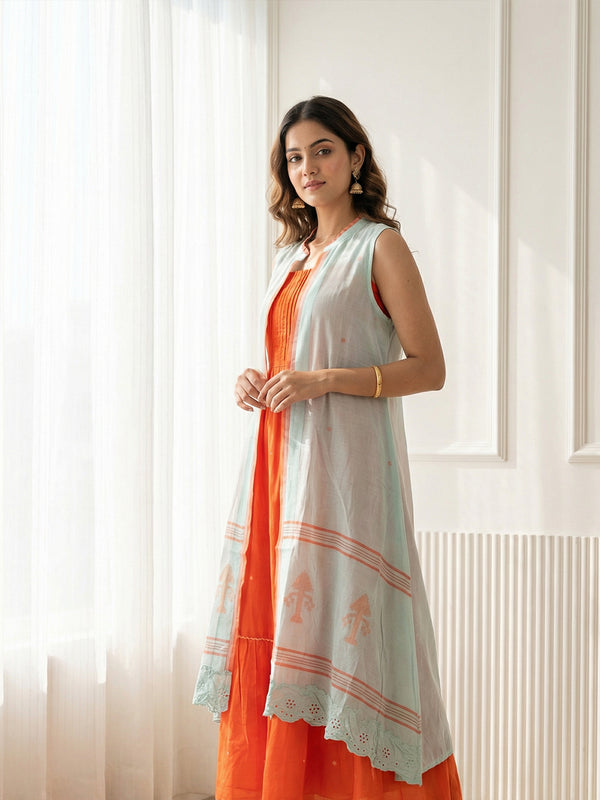 Orange and Mint Green Cotton Coat Model Indo Western