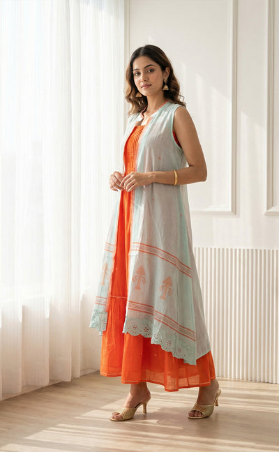 Orange and Mint Green Cotton Coat Model Indo Western