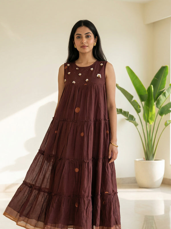 Brown Cotton Thread Embroidery Frills Work Indo Western