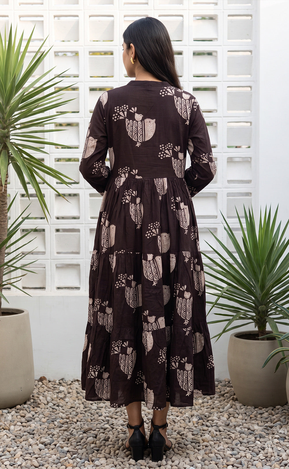 Dark Chocolate Brown Cotton All-Over Birds Printed Long Kurti Gown