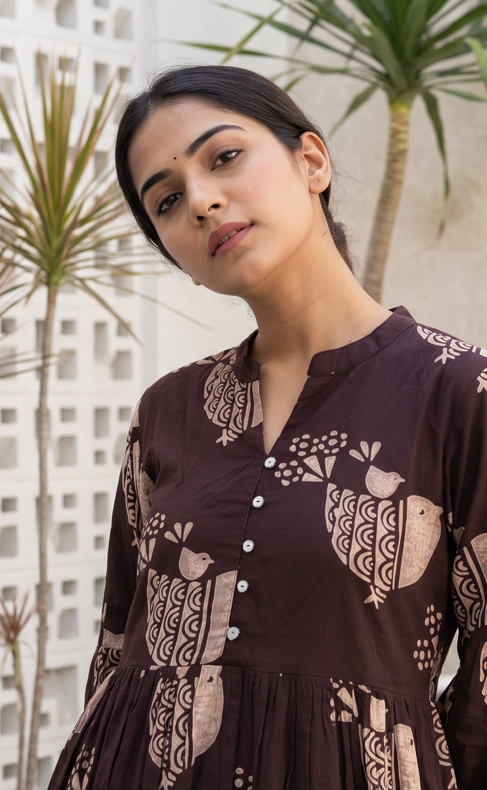 Dark Chocolate Brown Cotton All-Over Birds Printed Long Kurti Gown