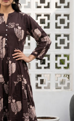 Dark Chocolate Brown Cotton All-Over Birds Printed Long Kurti Gown