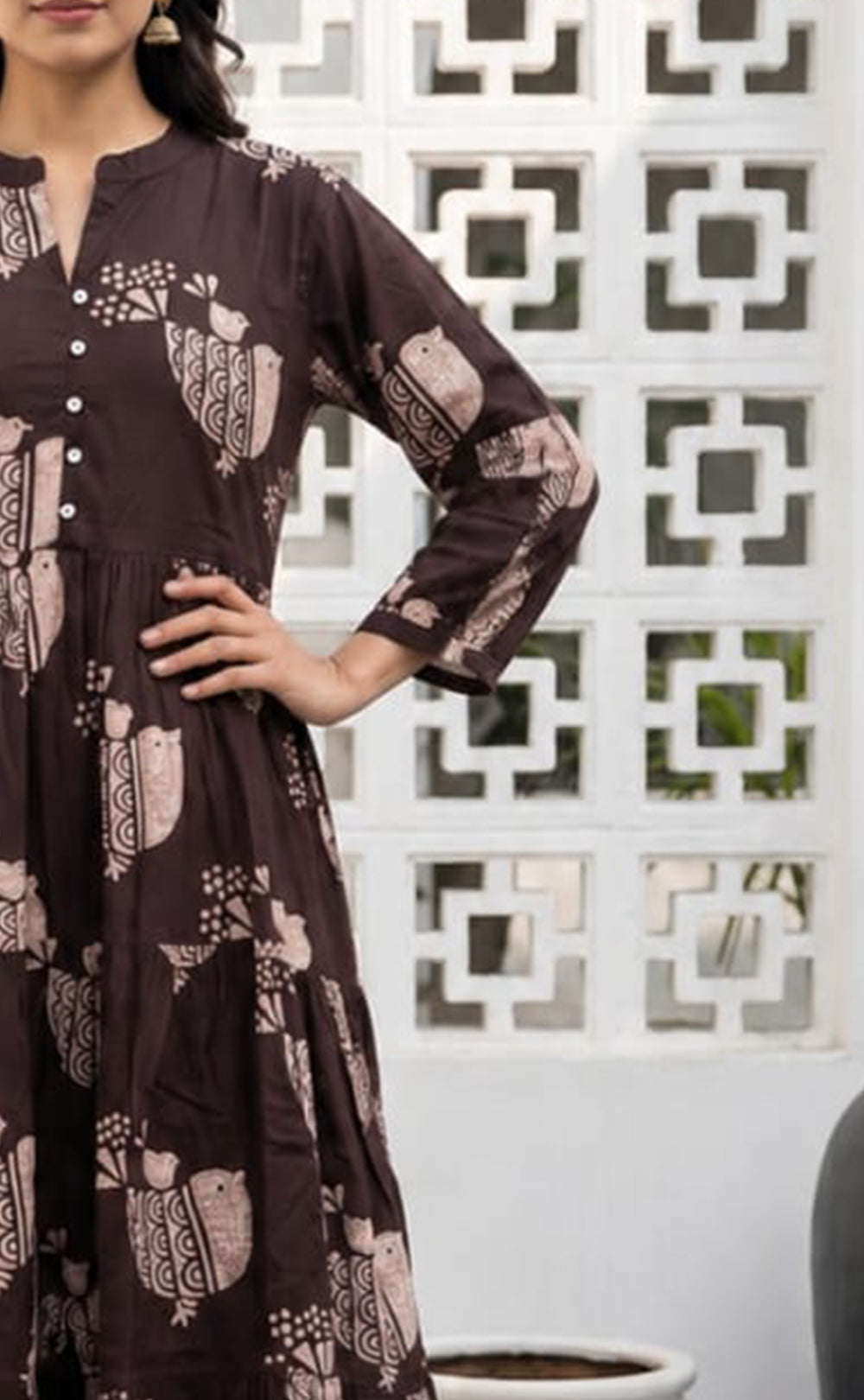 Dark Chocolate Brown Cotton All-Over Birds Printed Long Kurti Gown