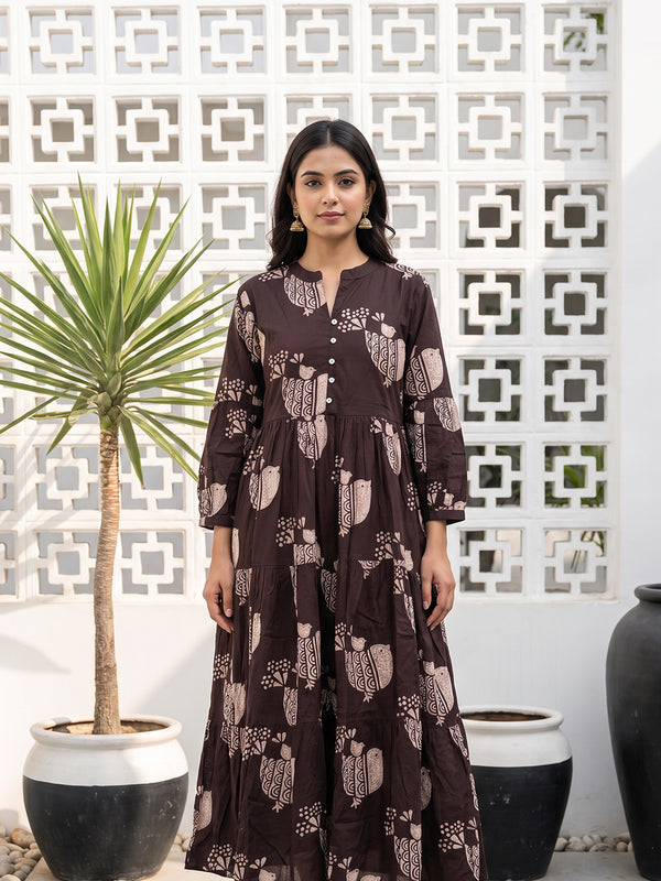 Dark Chocolate Brown Cotton All-Over Birds Printed Long Kurti Gown