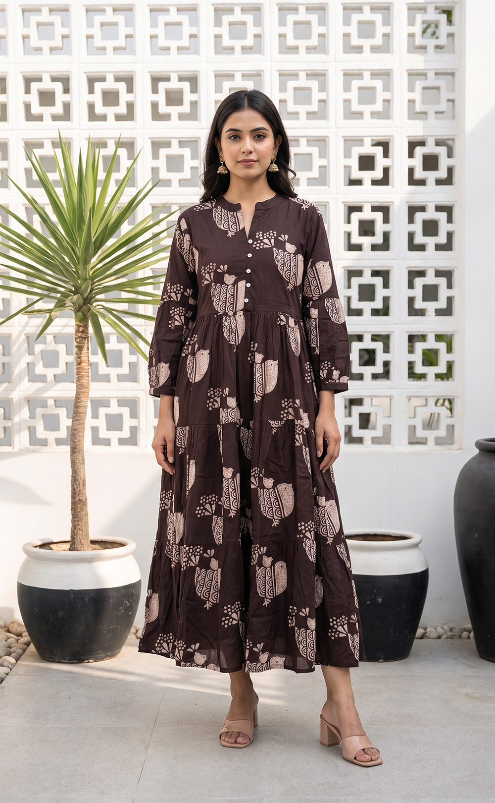 Dark Chocolate Brown Cotton All-Over Birds Printed Long Kurti Gown