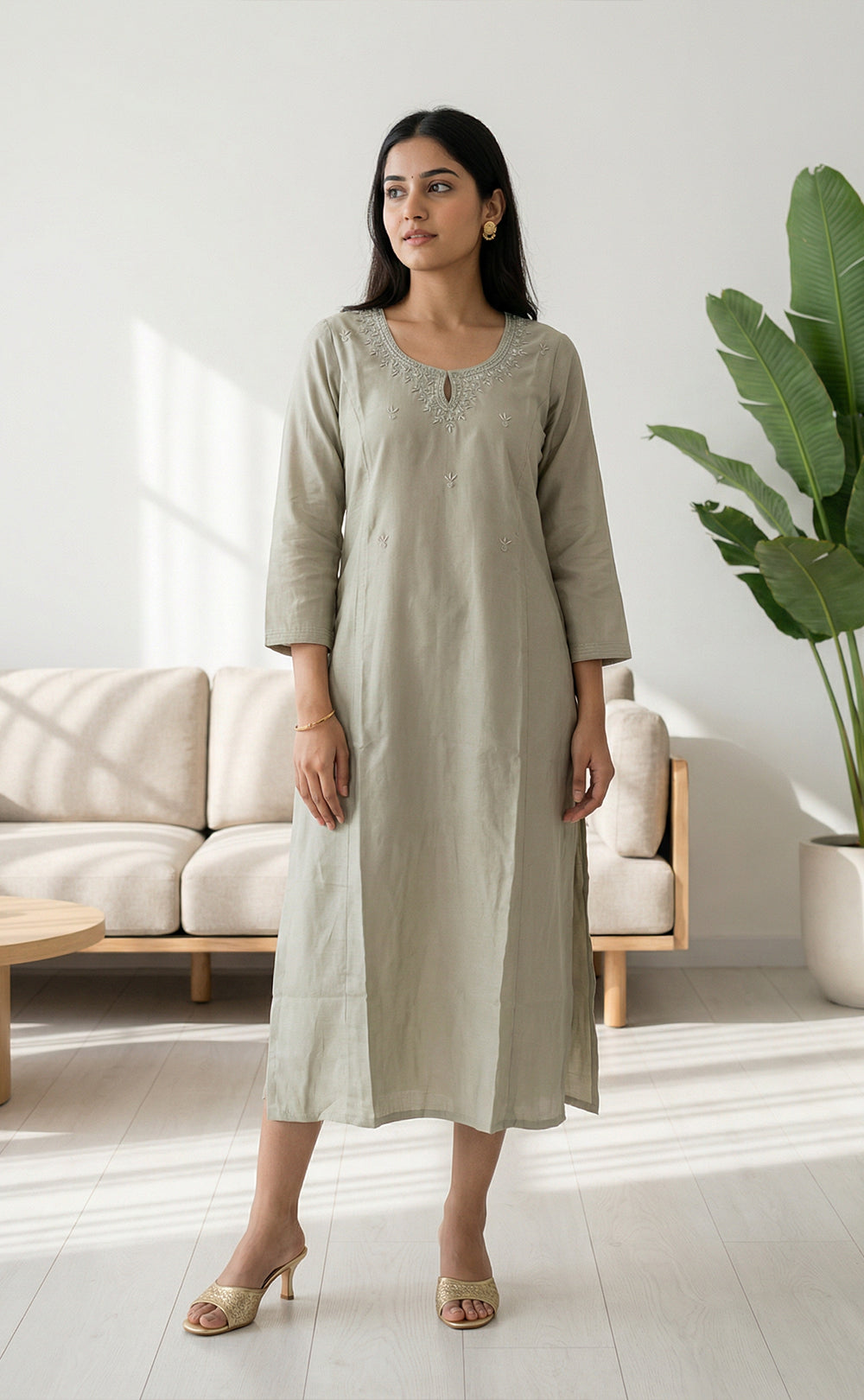 Light Olive Fancy Beads Embroidery Zari Work Flair Kurti