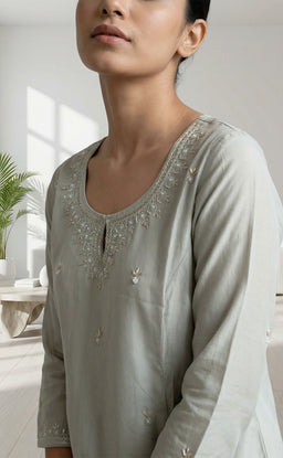 Light Olive Fancy Beads Embroidery Zari Work Flair Kurti