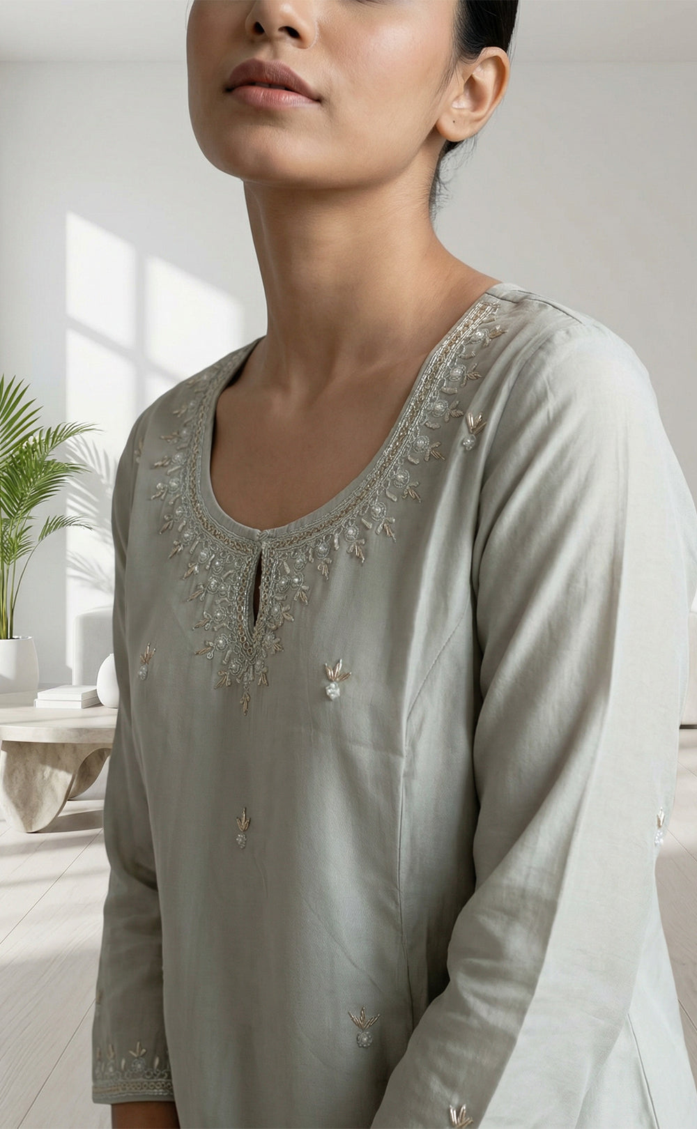 Light Olive Fancy Beads Embroidery Zari Work Flair Kurti