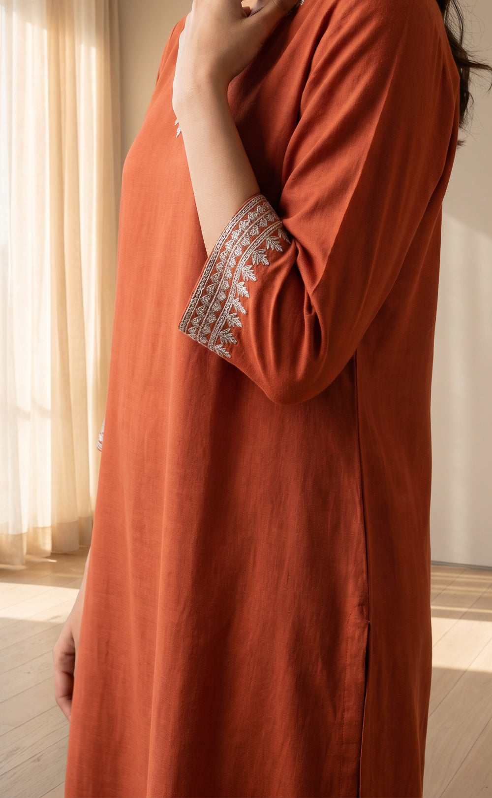 Rust Orange Fancy Zari Embroidery Work Chudidhar