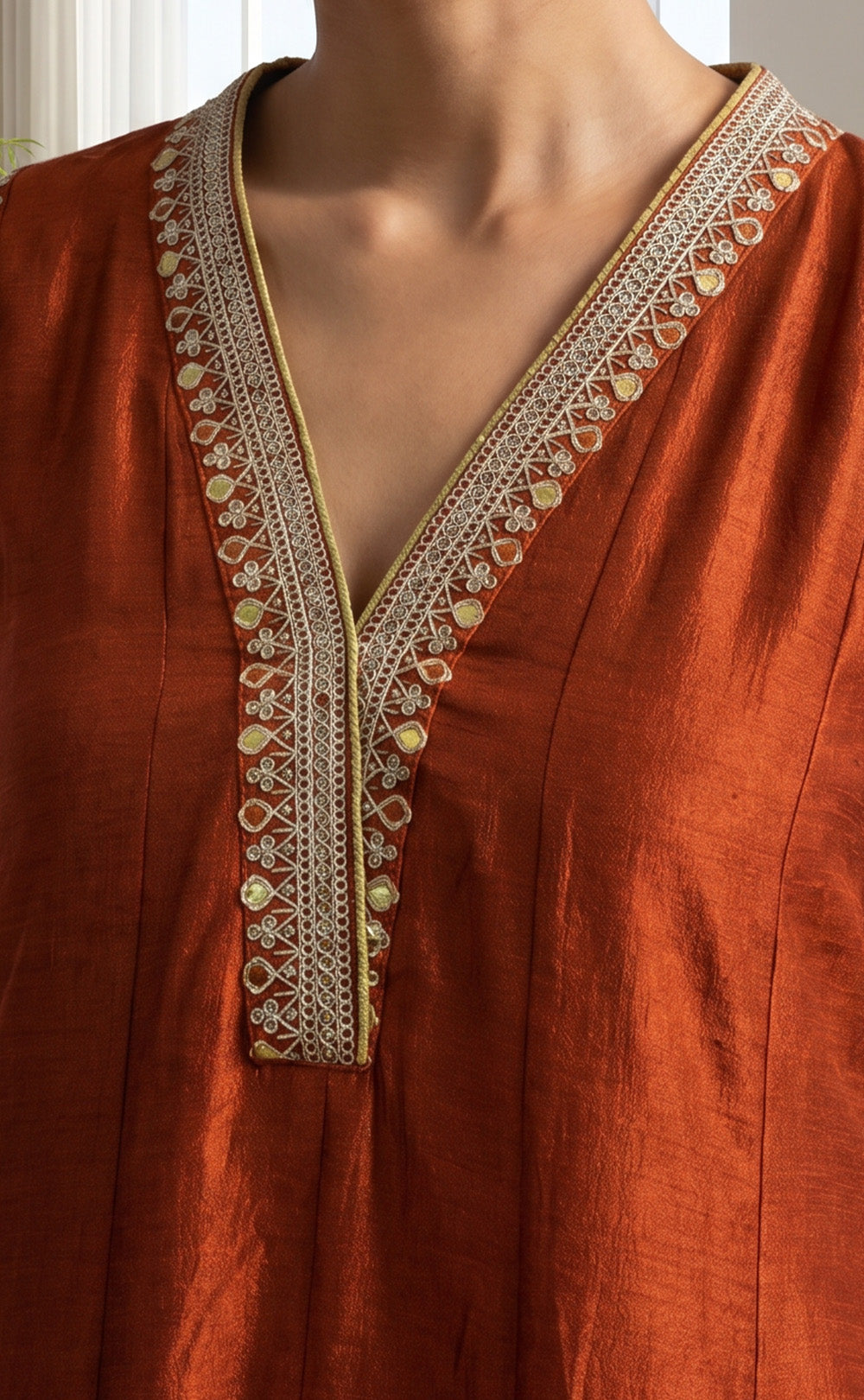 Rust Orange Fancy Zari Embroidery Work Chudidhar
