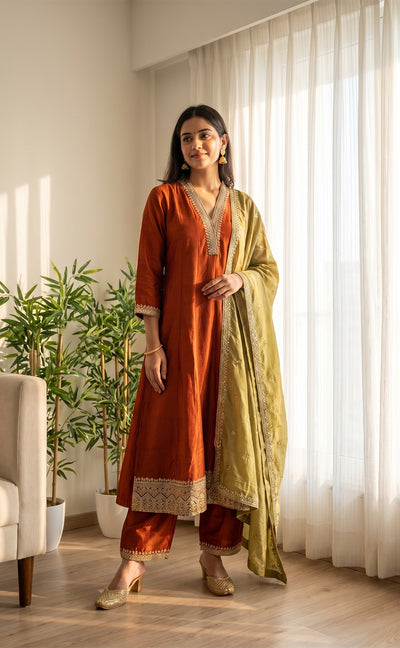Rust Orange Fancy Zari Embroidery Work Chudidhar