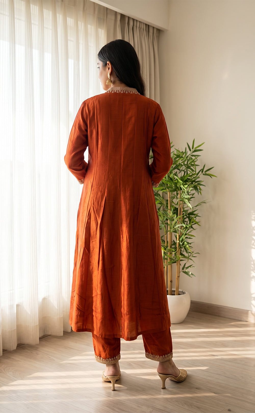 Rust Orange Fancy Zari Embroidery Work Chudidhar
