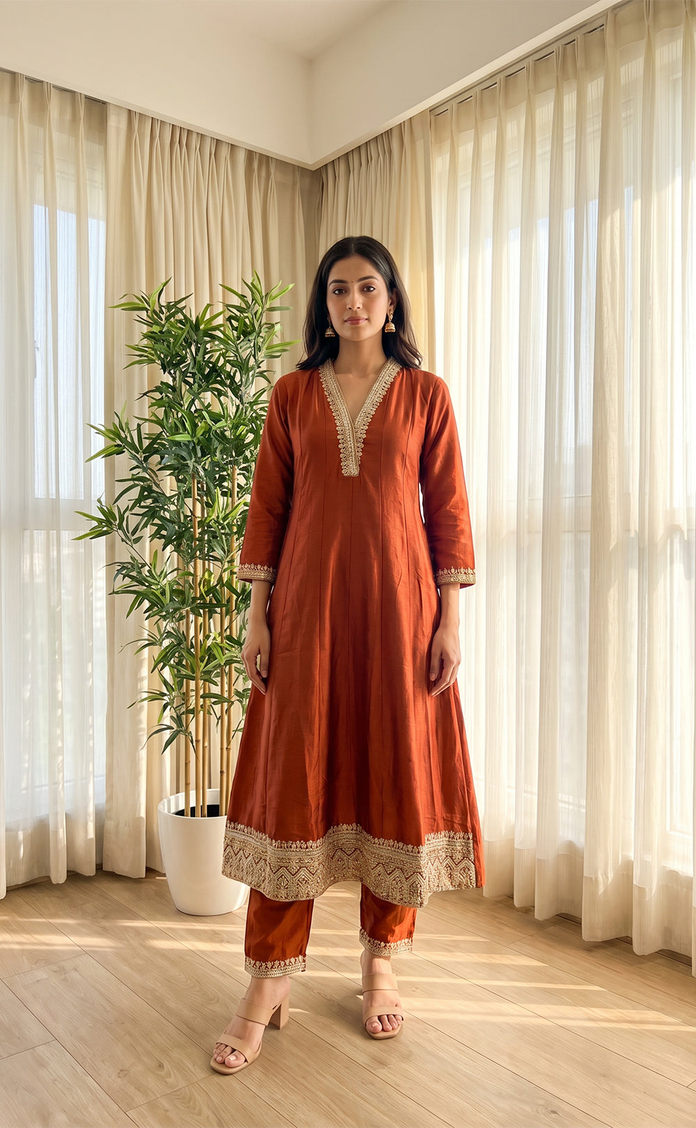 Rust Orange Fancy Zari Embroidery Work Chudidhar