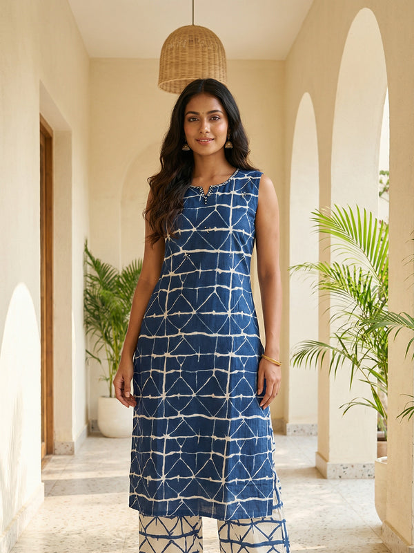 Blue Cotton All-over Geometric Print Co-ord Set