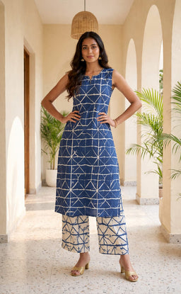 Blue Cotton All-over Geometric Print Co-ord Set