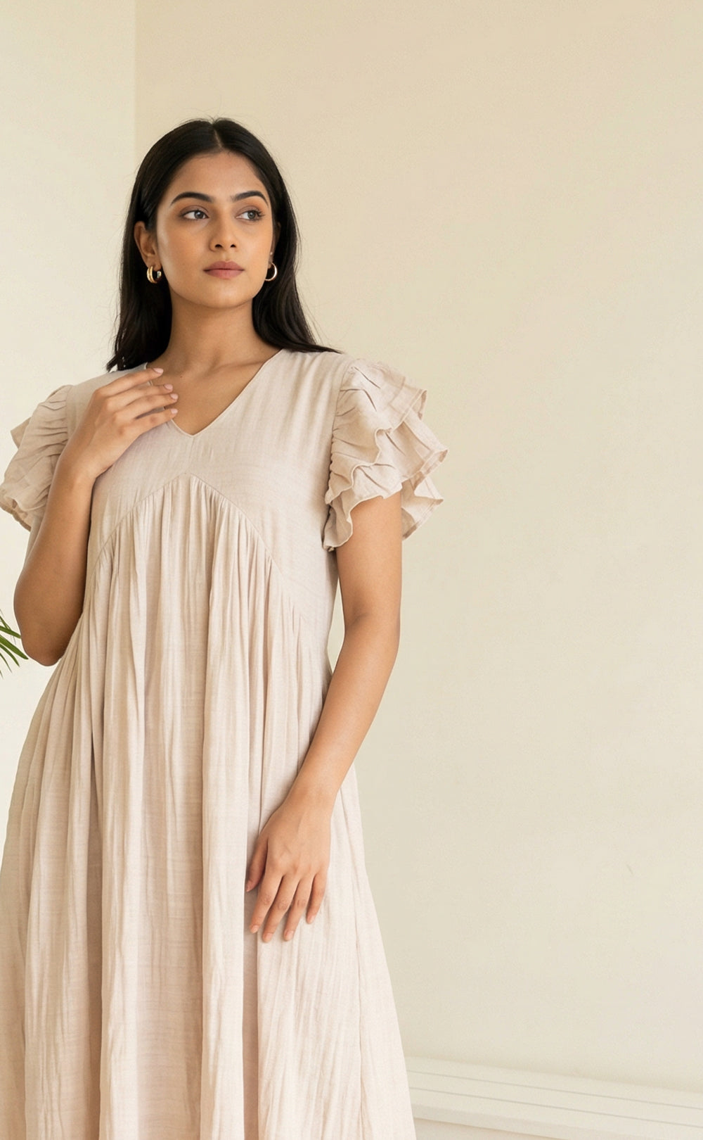 Cream Imported Fabric Frills Work Flair Kurti