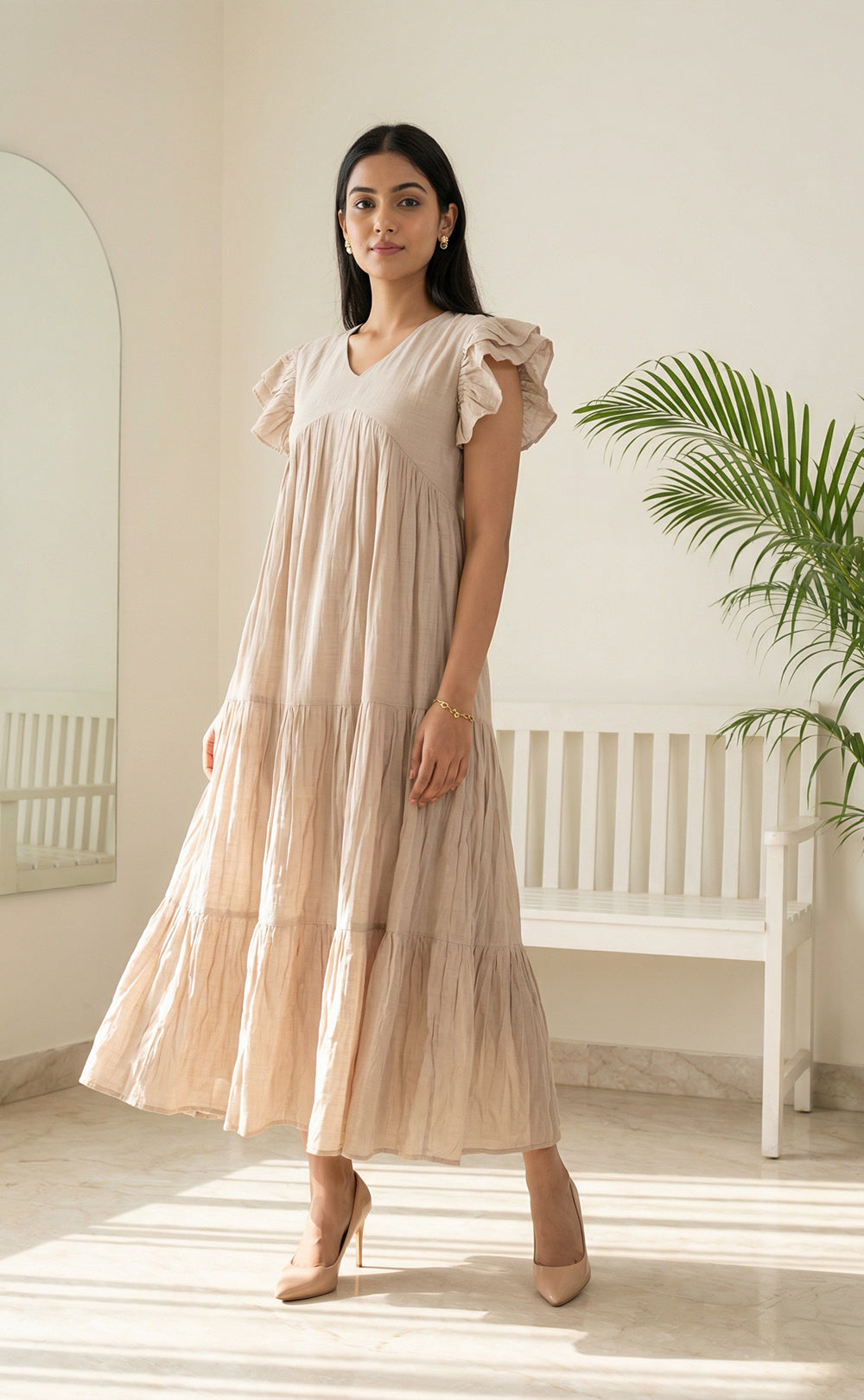 Cream Imported Fabric Frills Work Flair Kurti