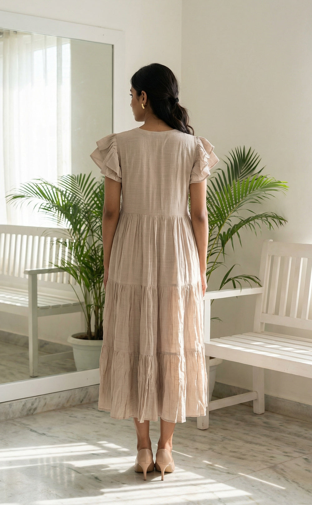 Cream Imported Fabric Frills Work Flair Kurti