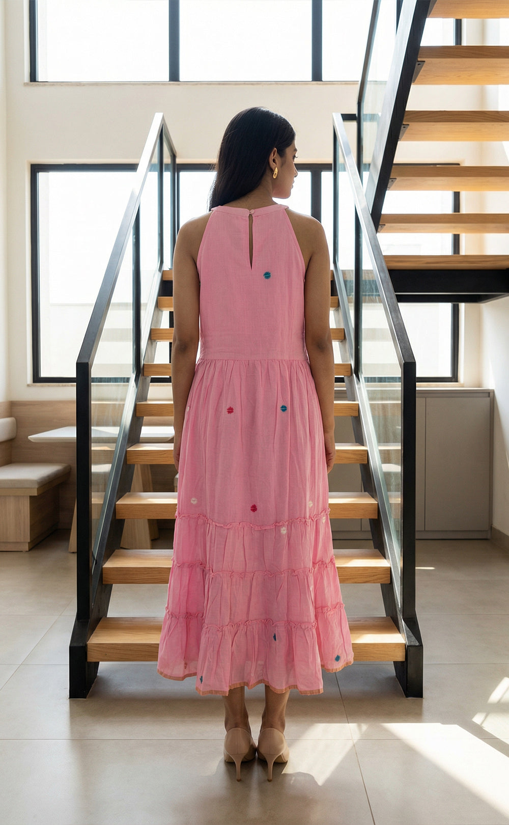 Cotton Pink High Neck Thread Knot work and Beads Work Indo Western