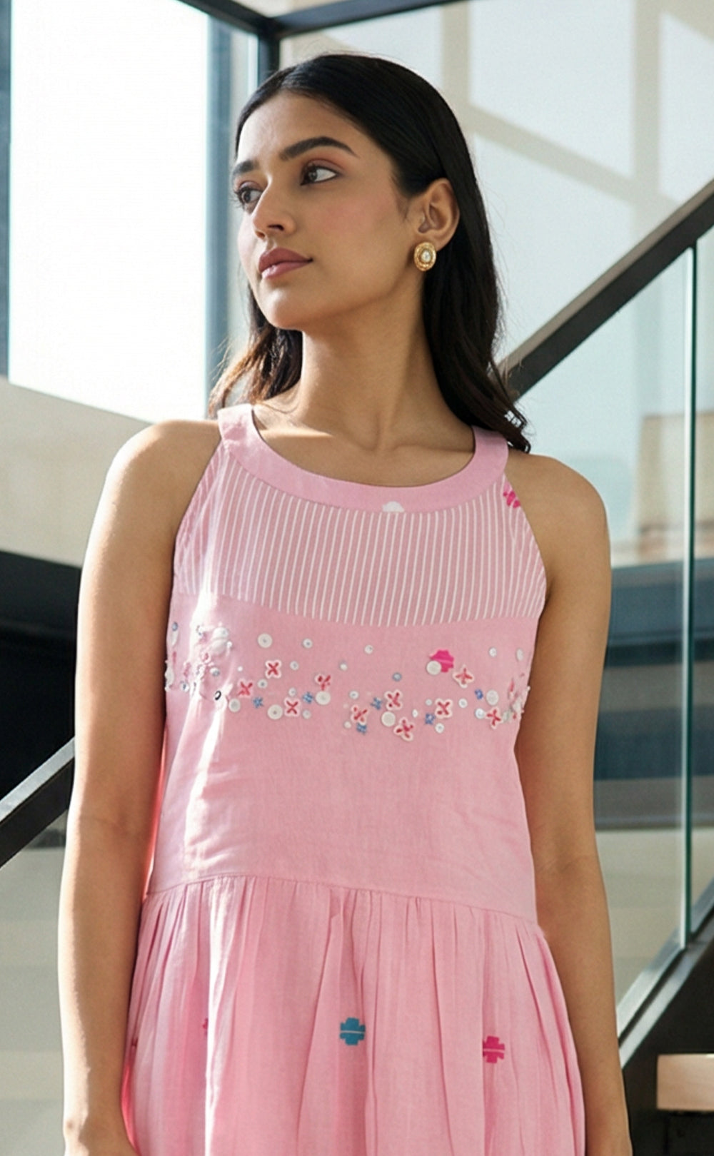 Cotton Pink High Neck Thread Knot work and Beads Work Indo Western