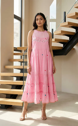 Cotton Pink High Neck Thread Knot work and Beads Work Indo Western