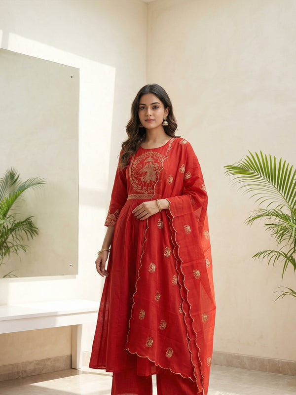 Rust Orange Mul Cotton Elephant Pallaki Thread Work Kurti set
