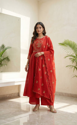 Mul Cotton Rust Orange Elephant Pallaki Thread Work Kurti set