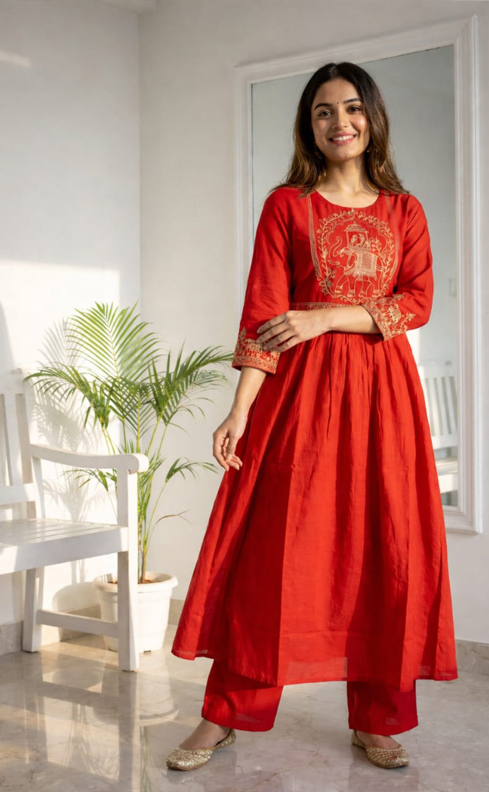 Mul Cotton Rust Orange Elephant Pallaki Thread Work Kurti set