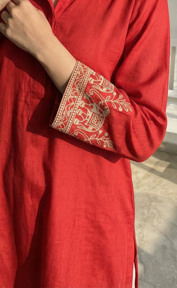 Mul Cotton Rust Orange Elephant Pallaki Thread Work Kurti set