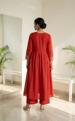 Mul Cotton Rust Orange Elephant Pallaki Thread Work Kurti set