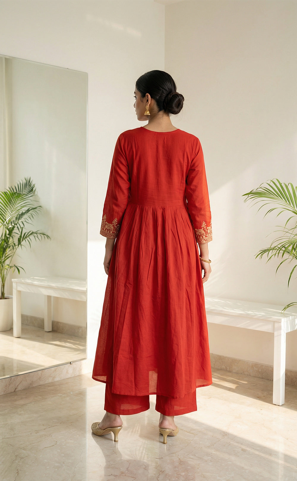 Mul Cotton Rust Orange Elephant Pallaki Thread Work Kurti set