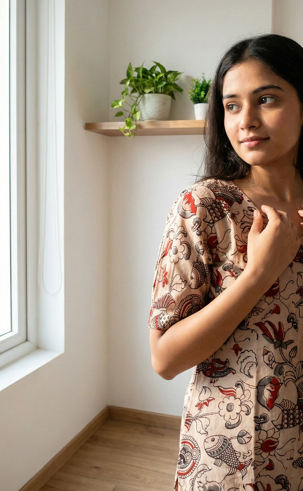 Cream and Marron Colour Kalamkari Printed Flair Kurti